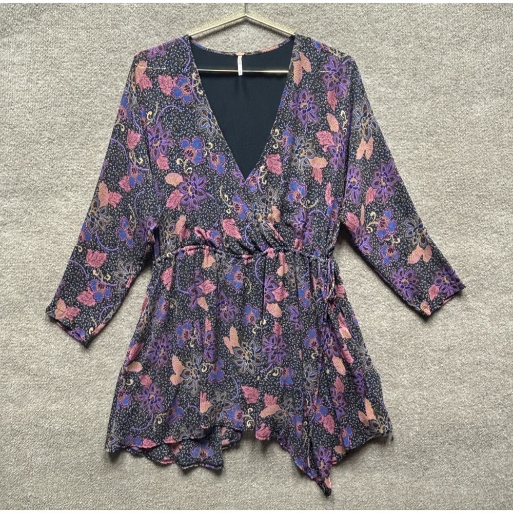 Free People Women Purple Combo Floral V-Neck Long Sleeve Teegan Mini Dress Small